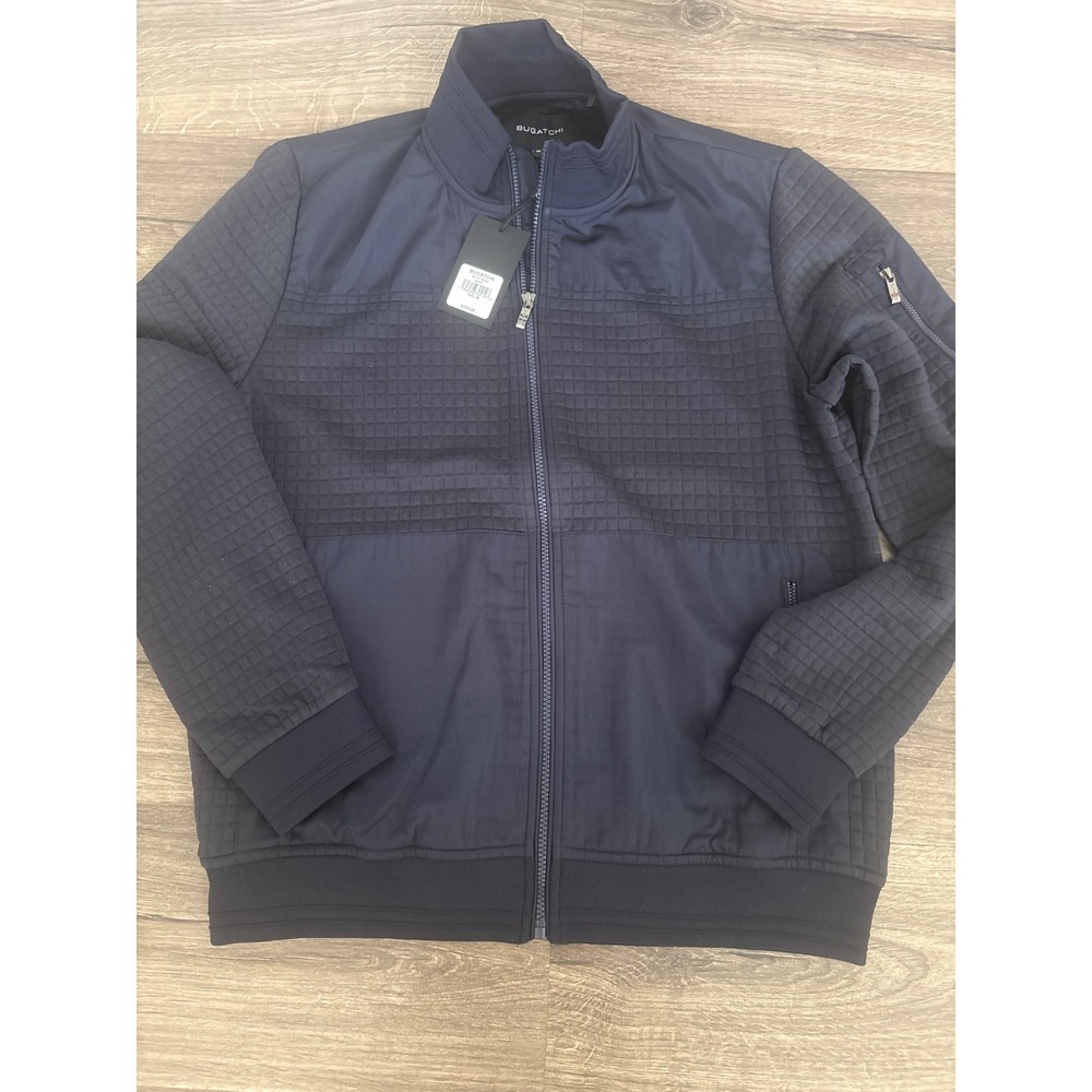 Bugatchi Navy Blue Quilted Mixed Media Full Zip Bomber Jacket BF2410K62 Mens M